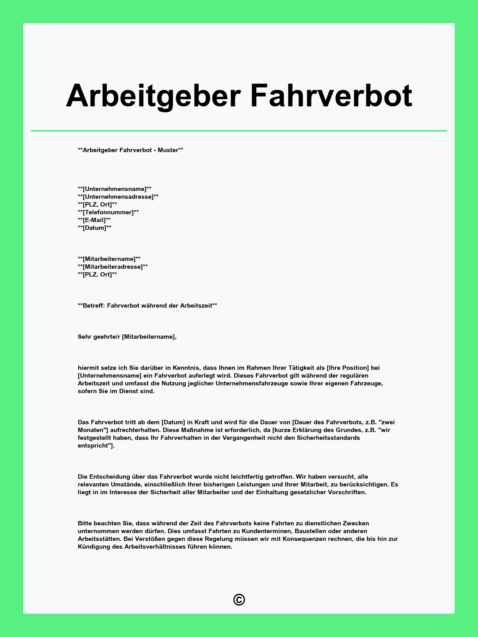 Schreiben Arbeitgeber Fahrverbot Vorlage