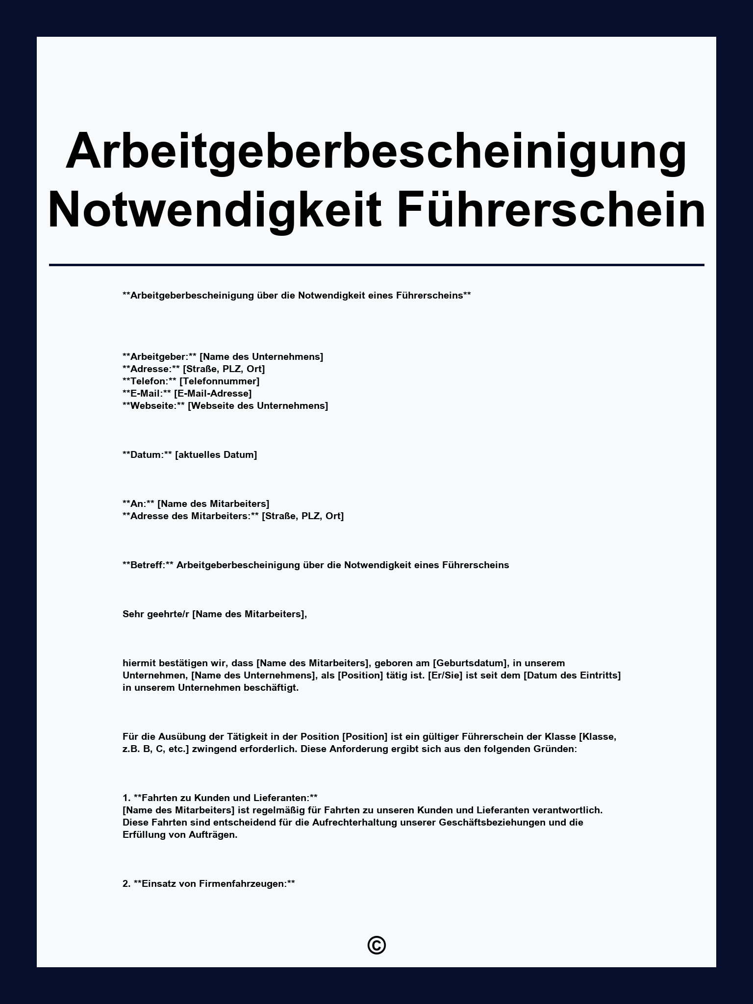 Arbeitgeberbescheinigung Notwendigkeit Führerschein