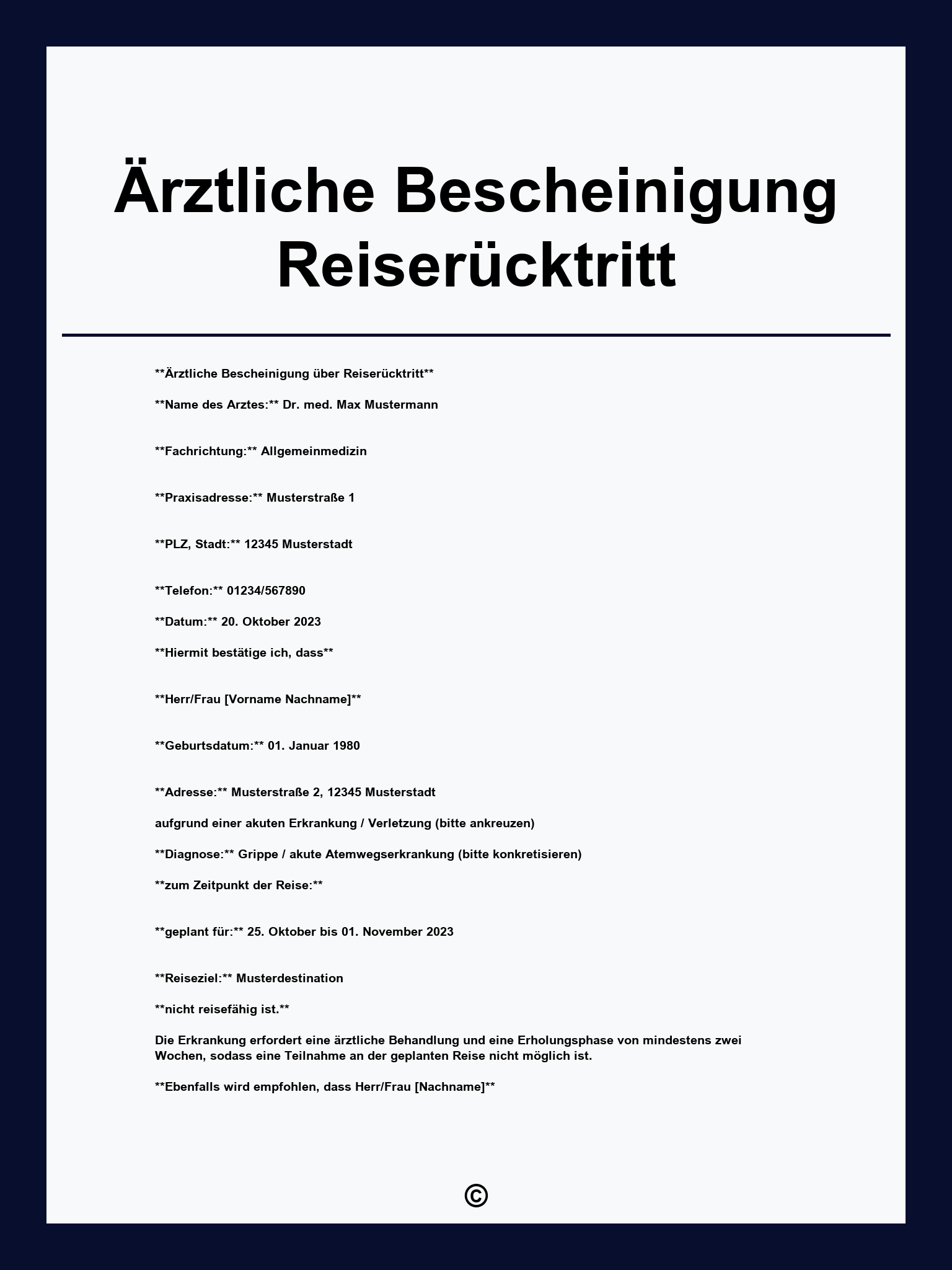 Ärztliche Bescheinigung Reiserücktritt Formular