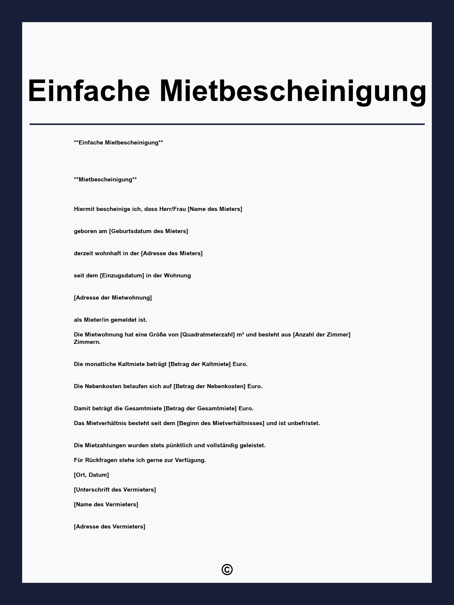 Einfache Mietbescheinigung Vorlage