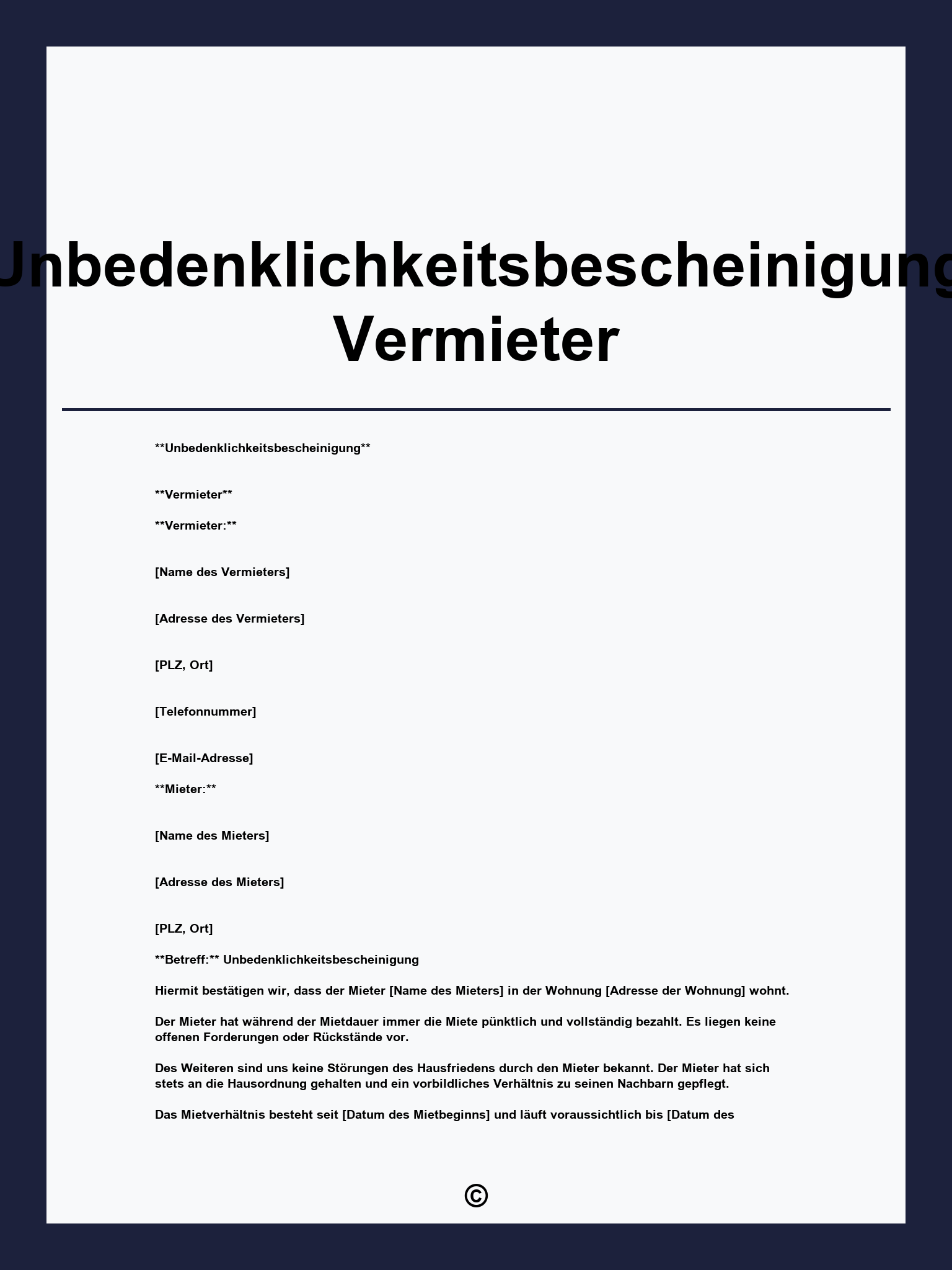 Unbedenklichkeitsbescheinigung Vermieter Vorlage